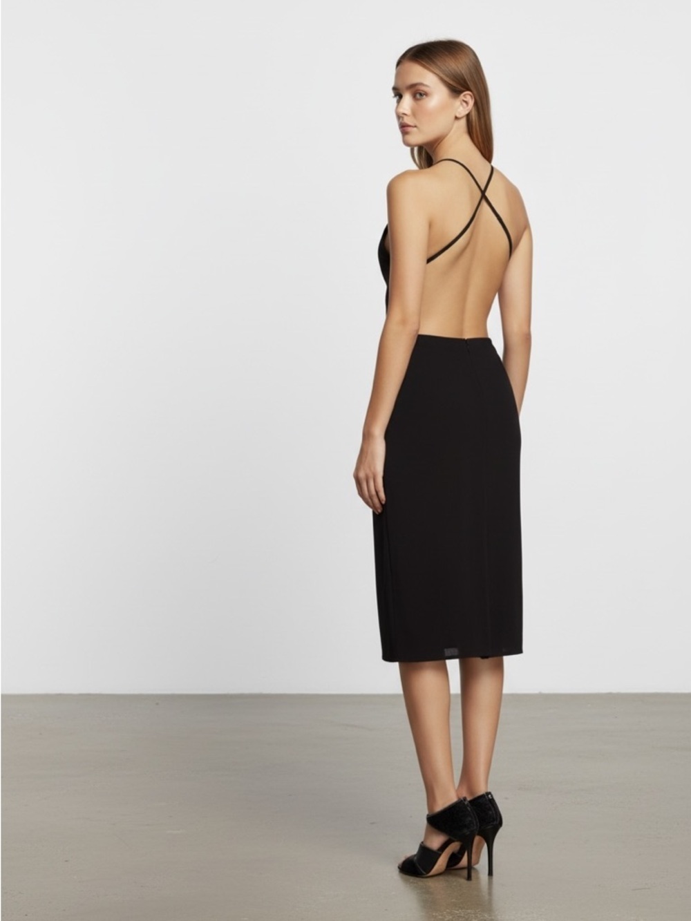 Black Halter Midi Dress - Elegant Evening Dress - Picture 2 of 4
